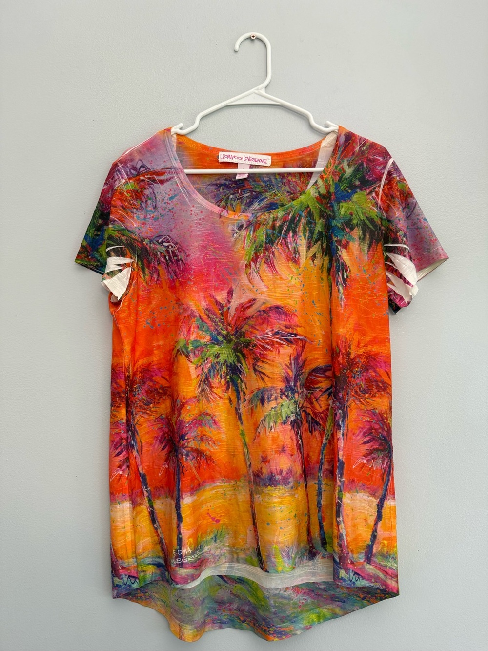 Leoma Lovegrove Tropical Short Sleeve Top Palm Trees Women's Size L